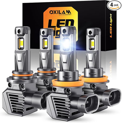 OXILAM M5S H11 9005 Light Bulbs Combo, 130,000LM 1500% Brighter 6500K Cool White, 9005/HB3 Hi-Beam H11/H9/H8 Lo-Beam Halogen Replacement, IP68 Waterproof, Pack of 4