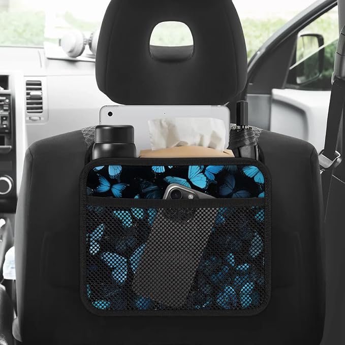 Car Backseat Organizer, PU Leather Back of Seat Cars Hanging Organizer with Pockets Leakproof Car Garbage Bag Hanging Cars Seat Storage Box Travel Accessories Foldable (Blue Butterfly)