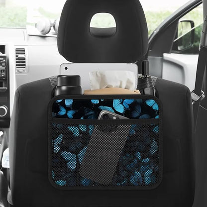 Car Backseat Organizer, PU Leather Back of Seat Cars Hanging Organizer with Pockets Leakproof Car Garbage Bag Hanging Cars Seat Storage Box Travel Accessories Foldable (Blue Butterfly)