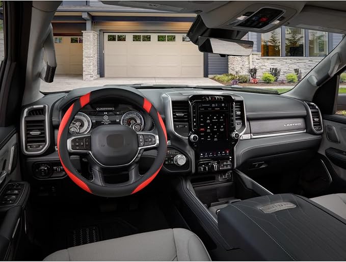 West Llama Customized Auto Car Steering Wheel Cover for Dodge RAM 1500 2500 3500, 15.5-16 inch (Black+Red-Large Size)