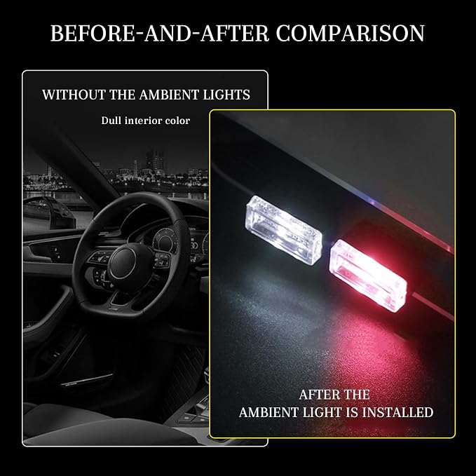 4 PCS USB LED Car Interior Atmosphere Lamp, Portable Mini Auto LED Decor Night Light, Plug-in USB Interface Ambient Lighting Kit, Universal Car Interior Accessories(White+Red)