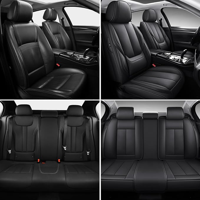 MINGBRON Black Car Seat Cover with Lumbar Support, Car Seat Protector Waterproof, Nappa Leather Car Seat Cushion, Car Seat Covers Front Seats and Back Fit for Most Cars
