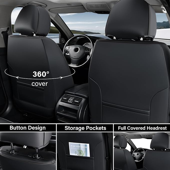 Coverado Seat Covers, Car Seat Covers Front Seats, Waterproof Nappa Leather Auto Seat Cover with Lumbar Head Pillow, Black Gray Seat Covers Carseat Cover Universal Fit for Most Cars