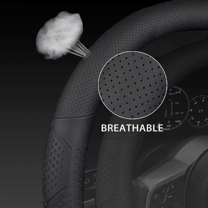 Yangday Leather Steering Wheel Cover for Dodge Ram 1500 2500 3500, 15.5-16 inches Car Steering Wheel Cover with Non-Slip Breathable (Black)