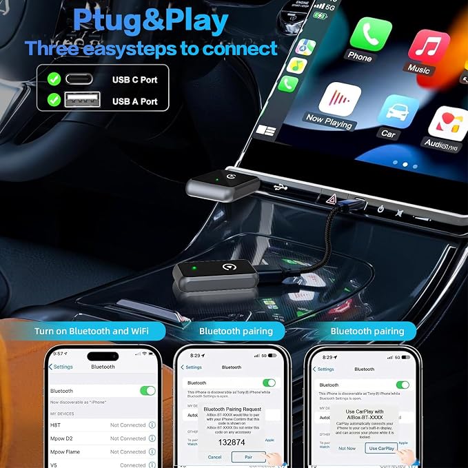 Wireless Carplay Adapter for iPhone - CarPlay Wireless Adapter, Wireless Control Plug & Play Carplay for Cars from 2016 & for Apple iPhone iOS 10+ (B)