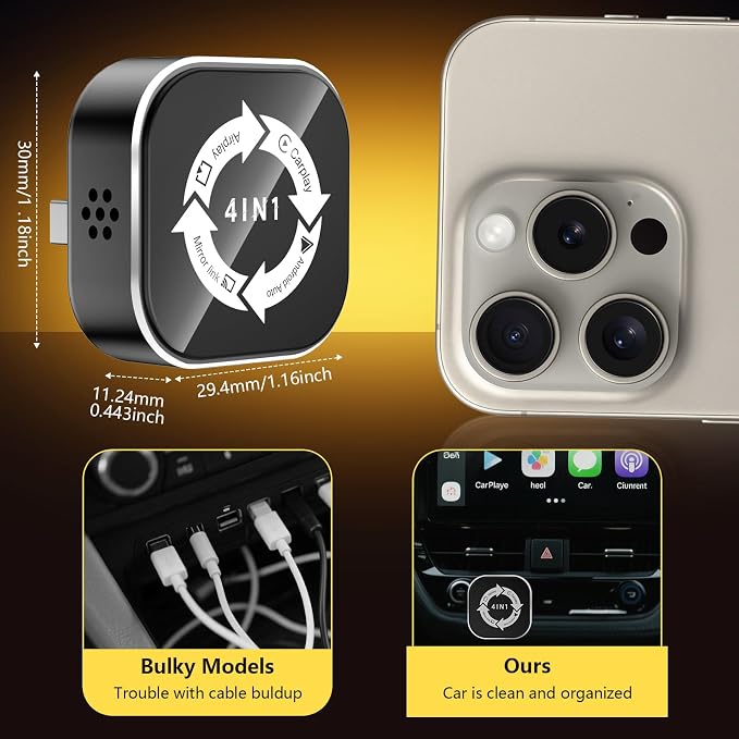 4 in 1 Wireless Carplay Adapter, Wired to Wireless Adapter for Car Play& Android Auto&Airplay&Mirror Link,USB-A Plug with Type-C Extension,Mini Size and Compact (4 in 1)