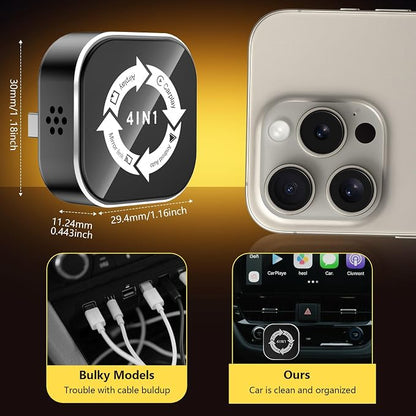 4 in 1 Wireless Carplay Adapter, Wired to Wireless Adapter for Car Play& Android Auto&Airplay&Mirror Link,USB-A Plug with Type-C Extension,Mini Size and Compact (4 in 1)