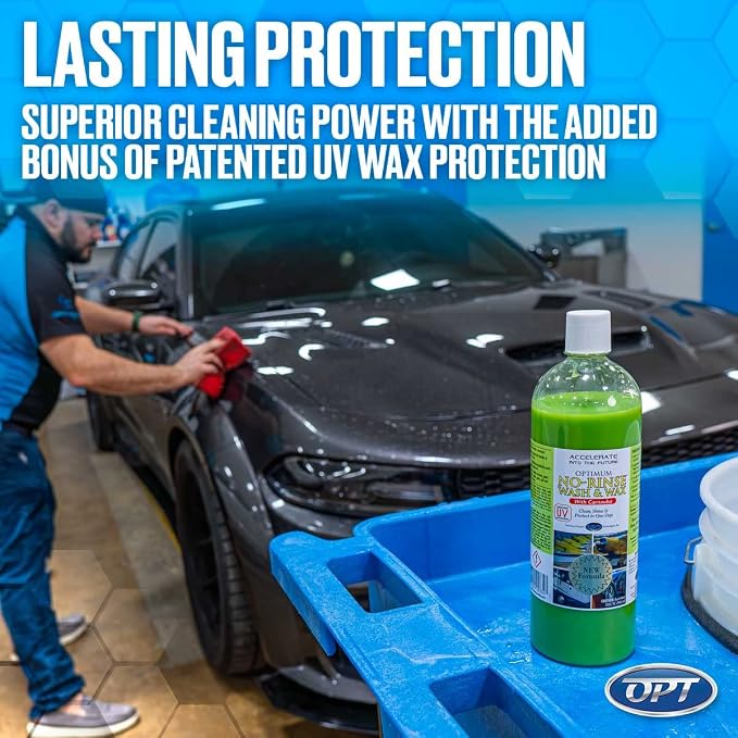 Optimum No Rinse Wash and Wax – Rinseless Car Wash Formulated with Carnauba Wax with UV Protection - For Cars, RVs, Trucks, Motorcycles and more (32 Oz)