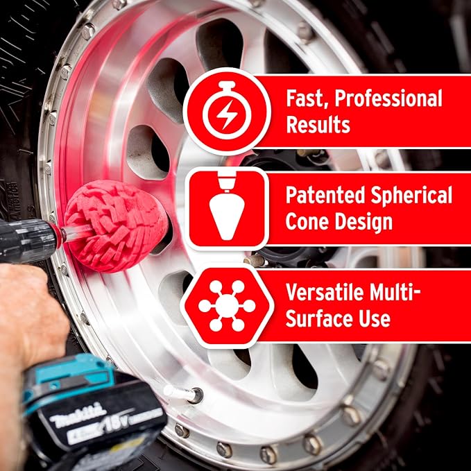 Mothers PowerCone 360, Polishing Tool with Quick Swap Bit — Patented Spherical Cone for Deep, Safe Metal Polishing in Hard-to-Reach Areas — Ideal for Wheels & Curved Surfaces (05146)