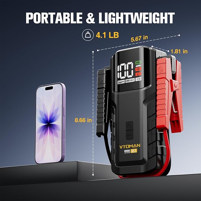 VTOMAN VL7 6000A Jump Starter Upgraded with LiFePO4 Battery,24000mAh Portable Car Battery Booster (All Gas/10L Diesel),12V Jump Box Power Pack with USB-A,Type-C & DC Output,LED Light,EVA Bag