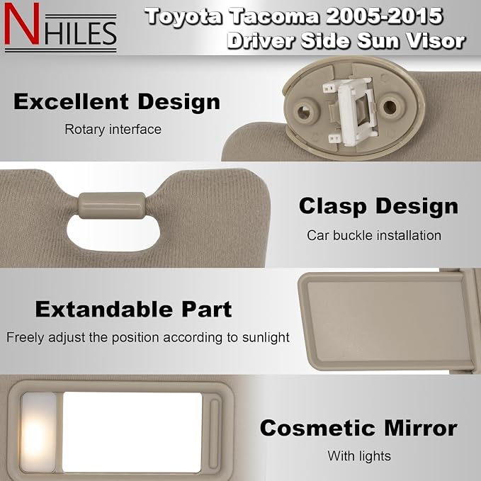 NHILES Driver & Passenger Side Sun Visor Replacement Fits for Toyota Tacoma 2005-2015 Sunshade with Light 7432004210E0 7431004120E0 Color Beige