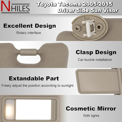NHILES Driver & Passenger Side Sun Visor Replacement Fits for Toyota Tacoma 2005-2015 Sunshade with Light 7432004210E0 7431004120E0 Color Beige