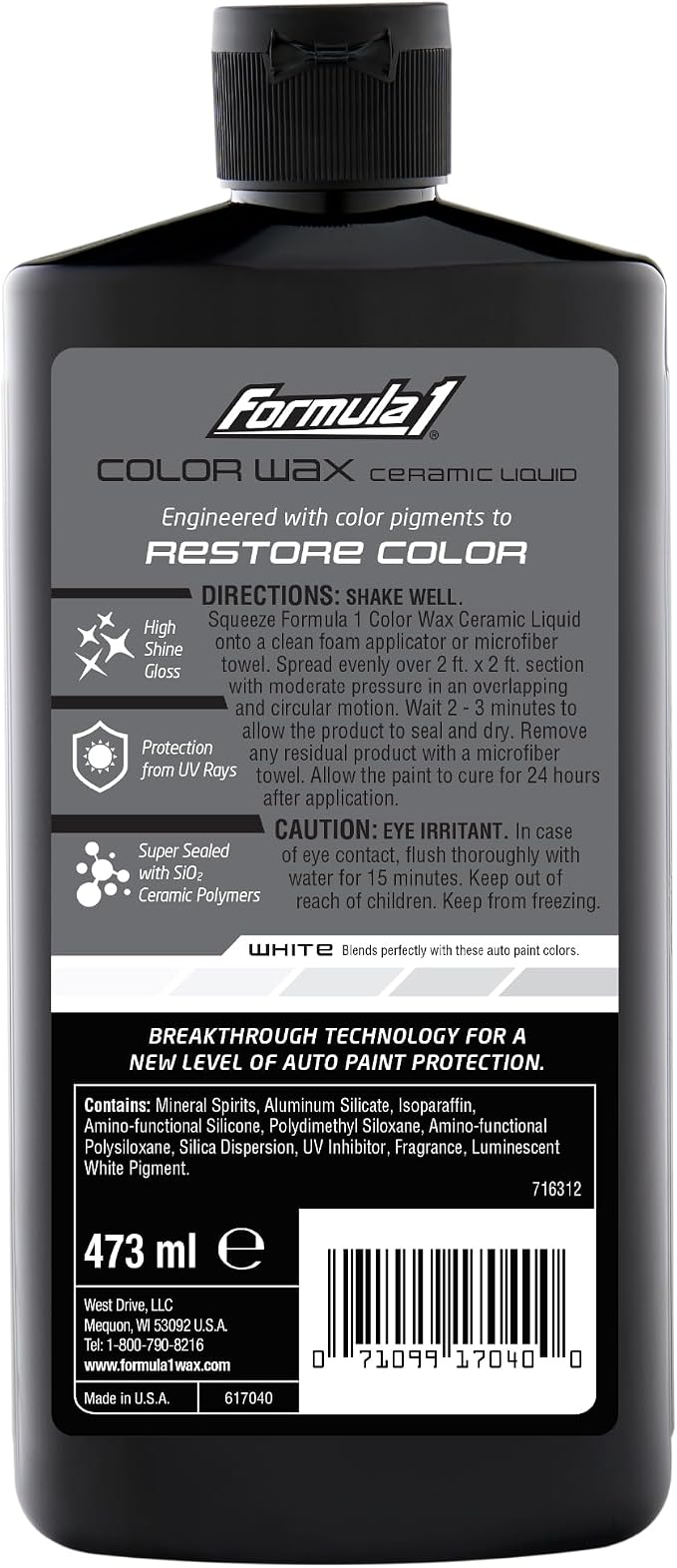 Formula 1 Color Wax Liquid for White Cars, Gives Ceramic Water Beading Protection and Ultimate Shiny Finish, Fills Minor Scratches with Color-Match Pigment, 16 oz