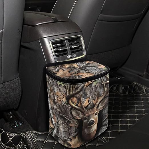 Talayituse Deer Hunting Camo Print Car Trash Can with Lid, Leak Proof Auto Trash Bag Hanging Vehicle Garbage Can Multipurpose Storage Container for Back Seat Road Trip
