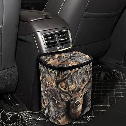 Talayituse Deer Hunting Camo Print Car Trash Can with Lid, Leak Proof Auto Trash Bag Hanging Vehicle Garbage Can Multipurpose Storage Container for Back Seat Road Trip