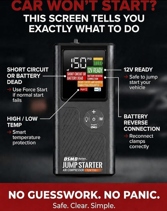 Jump Starter with Air Compressor, Portable Car Battery Booster for Dead Batteries, 150 PSI Tire Inflator – Starts Up to 6.5L Gas / 3.5L Diesel Engines, Power Bank, LED Display – DSMDAutos