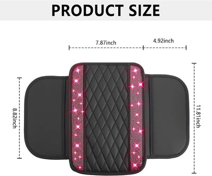 Stacool Upgraded Car Center Console Cover with Rhinestones,Microfiber Leather Car Armrest Cover Cushion with 2 Storage Bags,Universal Cars Armrest Storage Box as Cars Interior Accessories