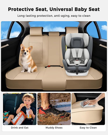 Huidasource Beige Back Seat Covers, Luxury Nappa Leather Rear Seat Cover with Velcro Adjustable, Child Seats, Ventilation Holes, Seat Belts, Car Back Seat Cover Fit for Most Cars SUV Trucks, Beige