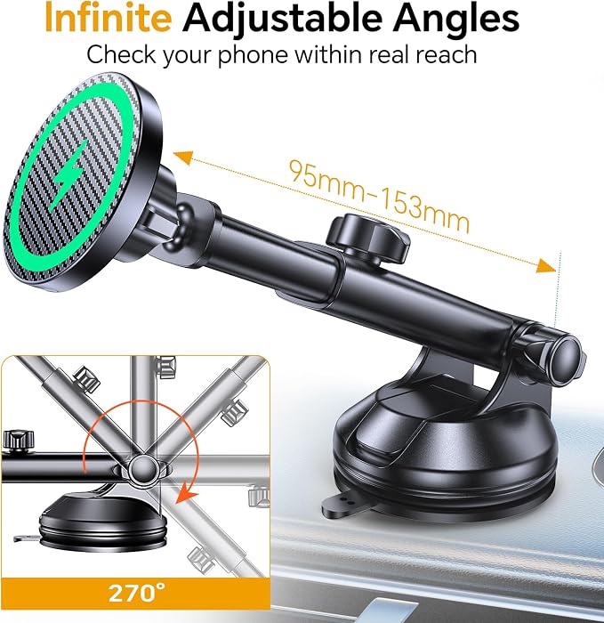 Coolpow for MagSafe Car Mount Charger【Ultra Magnet】 Magnetic Phone Holders for Your Car Charger【Windshield+Vent+Dash】 Magnetic Wireless Car Phone Holder Charger Car Mount for iPhone 17 (Carbon Fiber)