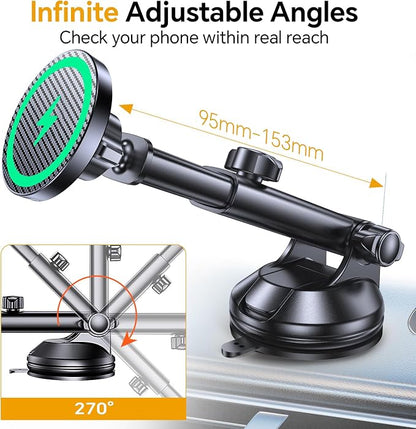 Coolpow for MagSafe Car Mount Charger【Ultra Magnet】 Magnetic Phone Holders for Your Car Charger【Windshield+Vent+Dash】 Magnetic Wireless Car Phone Holder Charger Car Mount for iPhone 17 (Carbon Fiber)