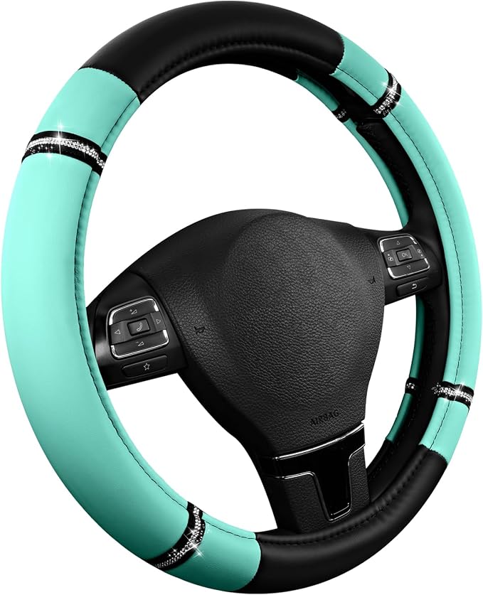 Road Comfort Leather Steering Wheel Cover – Premium Anti-Slip Car Steering Wheel Grip Cover – Universal Fit for 14.5”–15” Cars, Trucks & SUVs - Mint