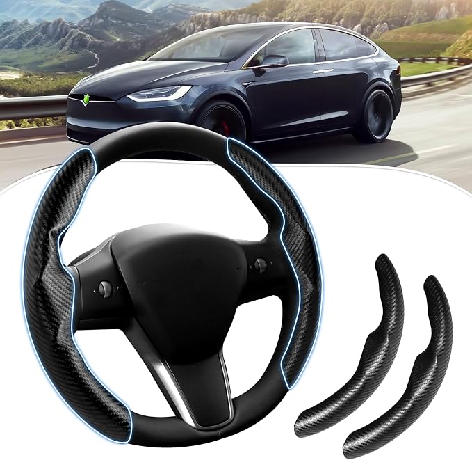 Canvcle Steering Wheel Cover for Tesla Model 3/Y 2016-2025 2026 Highland/Juniper Accessories Carbon Fiber Steering Wheel Cover Protector Non-Slip, Comfortable, Breathable, Model 3/Y Accessories, Black