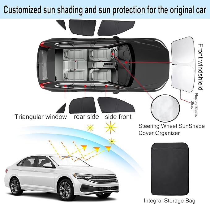TINGLU Window Shades for Volkswagen VW Jetta 2019-2025 2026 Accessories Car Side Full Windows Triangular Windshield Sun Shade Sun UV Rays Privacy Protection 7PCS