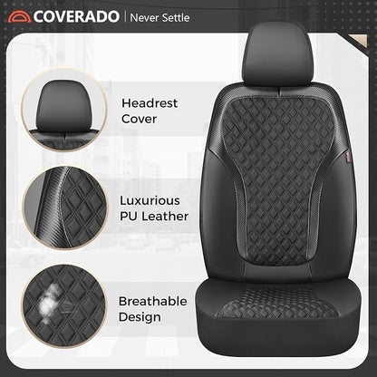 Coverado Front Seat Covers, 2-Pack Luxury Diamond Leather Car Seat Cover with Carbon Fibre Weave, Spill-Proof Driver Car Seat Protectors, Waterproof Seat Covers Universal Fit for Most Cars, Black