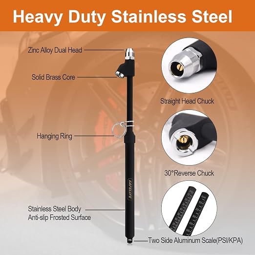 SAFELIFE Heavy Duty Tire Pressure Gauge, Straight-on Dual Head Air Pressure Gauge, 10-150PSI 100-1000KPa Tire Air Gauge, Non-Slip Handle and Extended Tube for Semi Truck Car RV Van