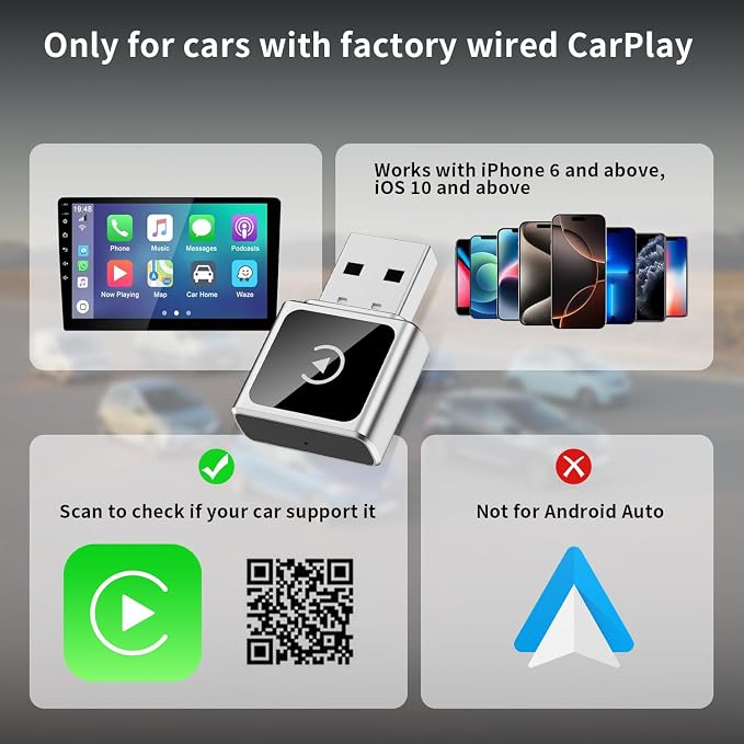 Mini Wireless CarPlay Adapter for iPhone,USB Carplay,2025 Upgrade Convert Wired to Wireless, Plug and Play Easy Setup, Car Play Adapter for Cars with Built-in Wired CarPlay,iOS Only
