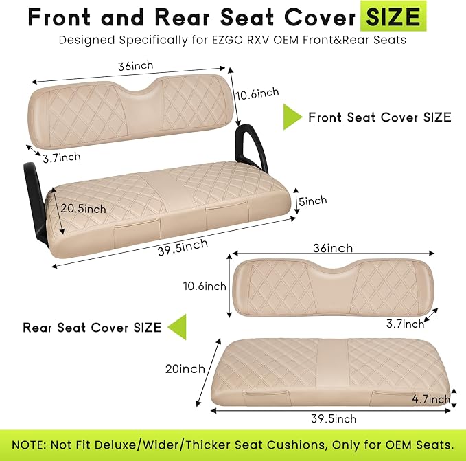Full Set Golf Cart Seat Covers for EZGO RXV OEM, Beige | Front & Rear Set (2-Piece), Premium Vinyl Leather Replacement Standard Cushion Covers, No Tools Needed & Easy to Clean