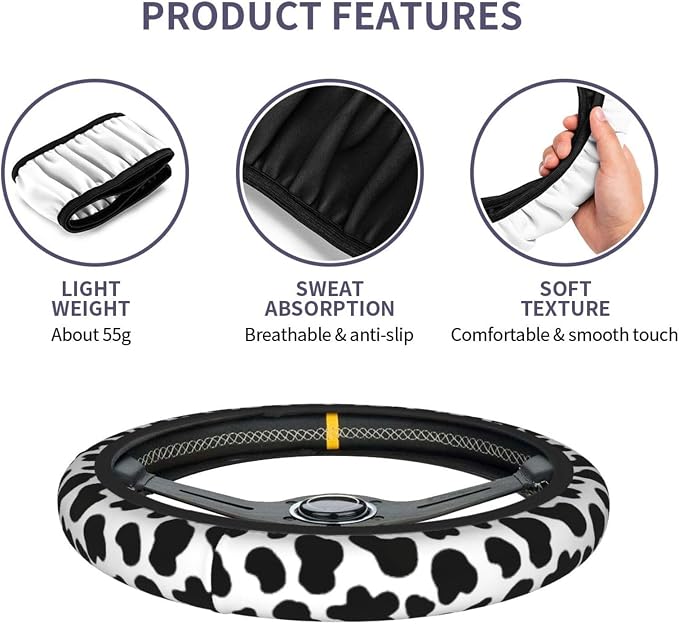Cow Print Steering Wheel Cover + 2 Pc Cattle Print Car Coasters | Anti-Slip Breathable Universal 14.5-15.5 in for Suitable for Men Women