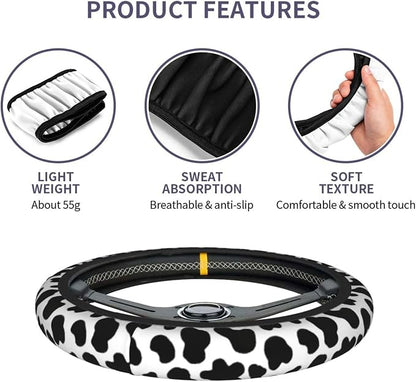 Cow Print Steering Wheel Cover + 2 Pc Cattle Print Car Coasters | Anti-Slip Breathable Universal 14.5-15.5 in for Suitable for Men Women