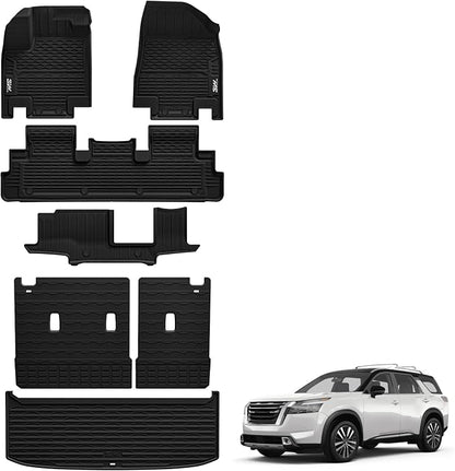 3W Floor Mats & Cargo Liner & Back Seat Cover Custom Fit for Nissan Pathfinder 2022-2026 (Only fit 8 Passenger Models), TPE All Weather Custom Fit Nissan Pathfinder Full Set,Black