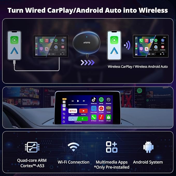 Wireless CarPlay Adapter, Magic AI Box with Dual-WiFi Stability,Wireless CarPlay Box Compatible with Wired Factory CarPlay & Android Auto, Support for YouTube/Netflix