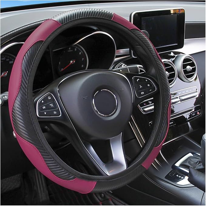 Osilly Car Steering Wheel Cover, 15 inch Carbon Fiber Microfiber PU Leather Elastic Steering Wheel Protector for Men Women, Anti-Slip Breathable Car Interior Accessories for Most Cars (Wine Red)