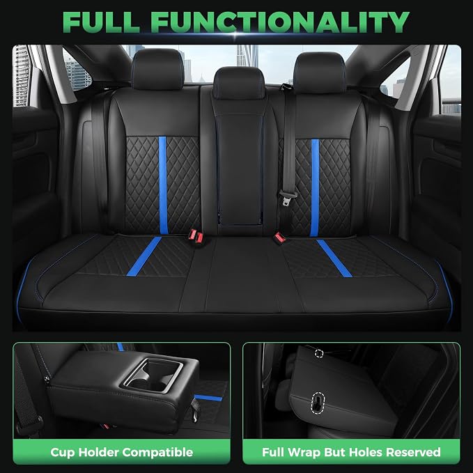 for Honda Civic Leather Seat Covers, Sedan EX 2022-2026, Sport 2025 2026, Custom Fit Car Seat Cover Full Set, Waterproof Accessories, Black Blue (60/40 Split Benches-with Rear Armrest)