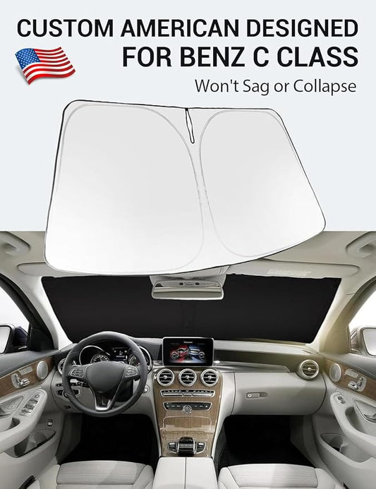 Proadsy 2026 Upgrade Windshield Sun Shade Custom Fit 2008-2014 C Class Foldable Front Sunshade Protector Sun Visor Blocks UV Rays Keep Car Cooler