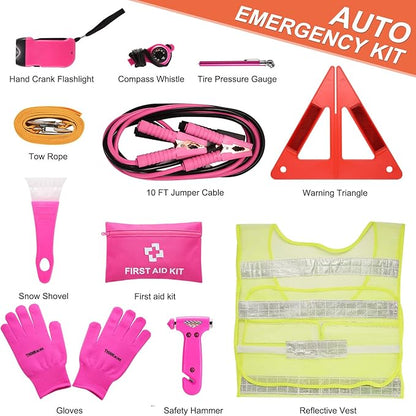 THINKWORK Car Emergency Kit for Teen Girl and Lady's Gifts, Pink Emergency Roadside Assistance kit with 10FT Jumper, First Aid Kit, Safety Hammer, Tow Rope, and More Ideal Pink Car Accessories Tool