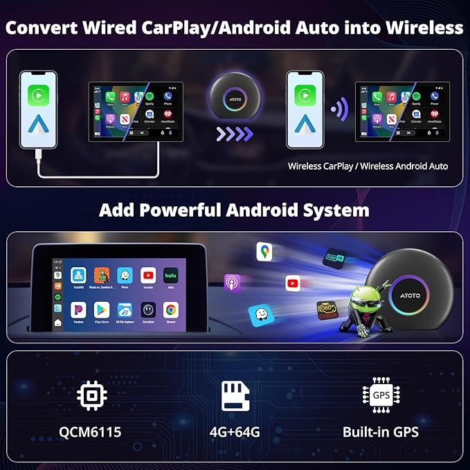 CB6 AI Box CarPlay Wireless CarPlay Adapter & Android Auto – Upgrade Wired to Wireless, Android 13 with GPS Navigation, 4G+64G, 4G LTE, Compatible with Ford, Toyota, Chevrolet, Honda, Hyundai (Black)