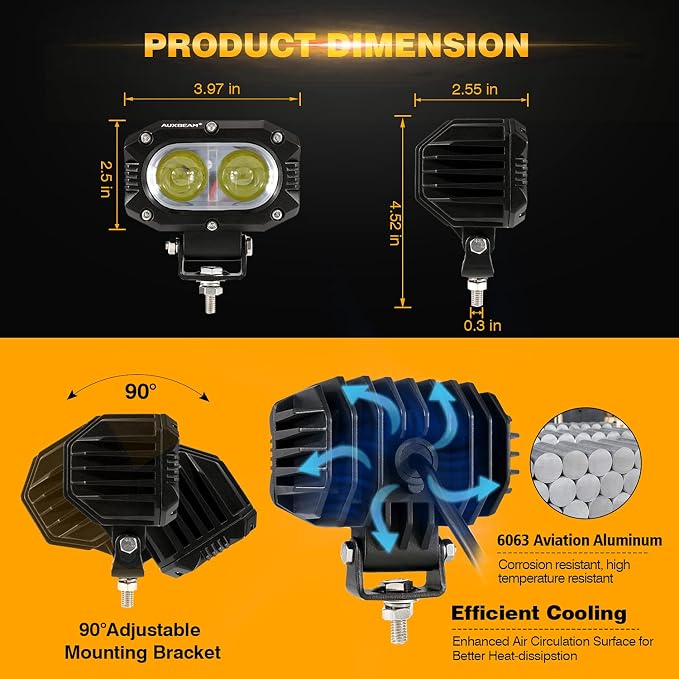 Auxbeam 4in 60W LED Pod Light for Truck, Super Bright Spot Beam 2Pcs Cube Offroad Light Bar for ATV UTV SUV Boat Jeep