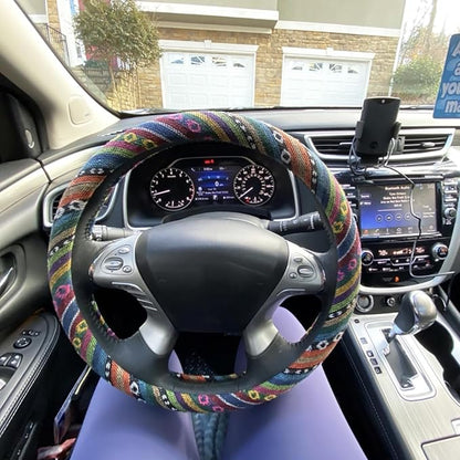 Boho Steering Wheel Cover for Women Men Baja Blanket Enthic Car Steering Wheel Cover Ethnic Car SUV Wheel Protector, Breathable, Anti-Slip, Odorless, Universal Fit 14.5-15 Inch