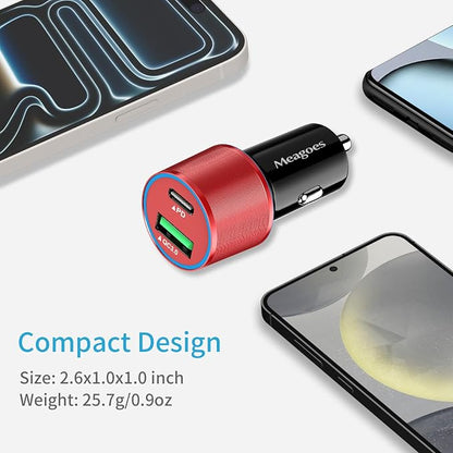 67.5W Red Car Charger USB C Super Fast Charging, 45W USBC&QC3.0 Port Plug for iPhone 17 Pro Max/Air/16/15/iPad, Samsung S26/S25 Android Cell Phone, Dual 12V Cigarette Lighter Adapter+3.3ft Type C Cord