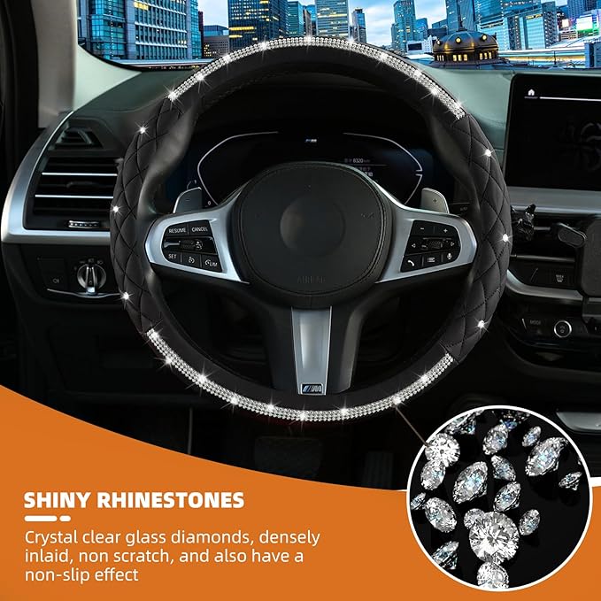 Steering Wheel Cover，with Sparkly Crystal Rhinestone, Delicate and Anti-Slip Bling Steering Wheel Cover ，Adaptable to 14.5-15 inches Car Wheel Protector for Women Girl，Diamond Car Accessories, Black