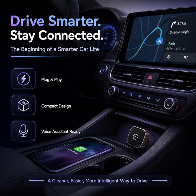 4-in-1 Wireless CarPlay Adapter, Screen Mirroring Adapter for Car to Play TV & Movies, Convert Factory Wired to Wireless CarPlay & Android Auto, Plug & Play Car Screen Movie Player Device