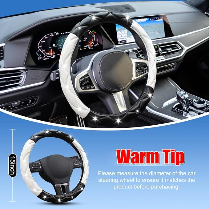 SuperKaKa Black and White Steering Wheel Cover, Auto Cute PU Diamond Bling Comfort Leather Car Interior Accessories Protector Sparkly Fit Most O-Shaped Steering Wheels