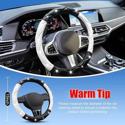 SuperKaKa Black and White Steering Wheel Cover, Auto Cute PU Diamond Bling Comfort Leather Car Interior Accessories Protector Sparkly Fit Most O-Shaped Steering Wheels