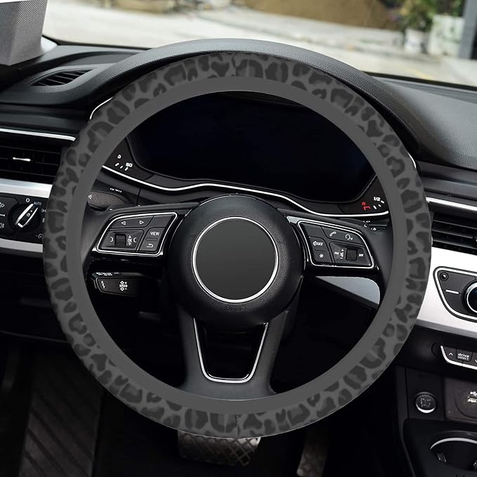 Black Leopard Cheetah Steering Wheel Cover, Anti-Slip Universal Car Steering Wheel Cover for Women Girls, Soft Breathable Neoprene 15 Inch Car Accessories Case fit for Cars Auto SUVs