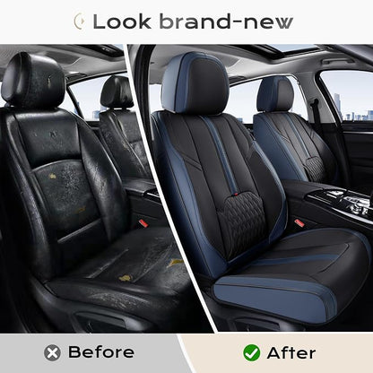 Coverado Front Seat Covers, 2 PCS Luxury Leather Seat Covers with Lumbar Support, Universal Seat Cover for Cars, Car Seat Protector Waterproof, Automotive Seat Cushions Fit for Most Cars (Blue&Black)
