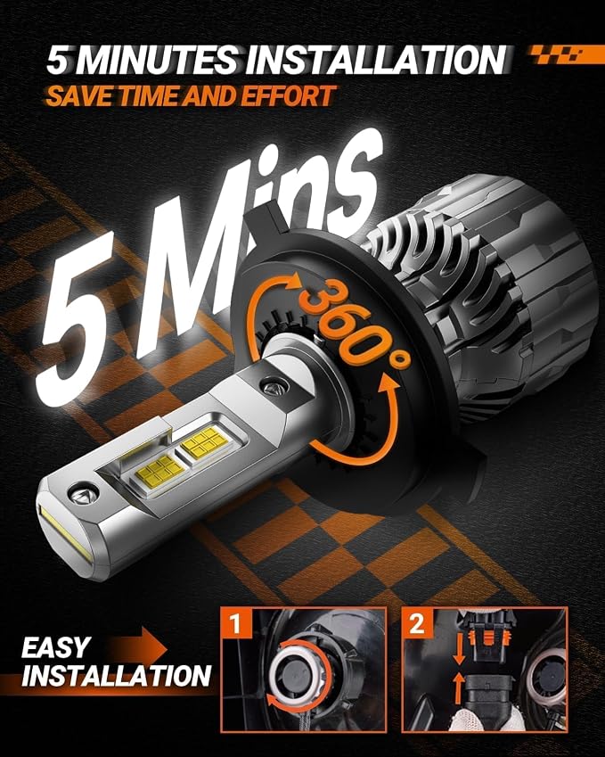 SEALIGHT 70000LM Super Bright H4 Bulbs, 6500K Cool White Fog Bulbs, 70000+ Hours Lifespan Powersport Bulbs with 15000RPM Cooling Fan, Plug-N-Play, Pack of 2